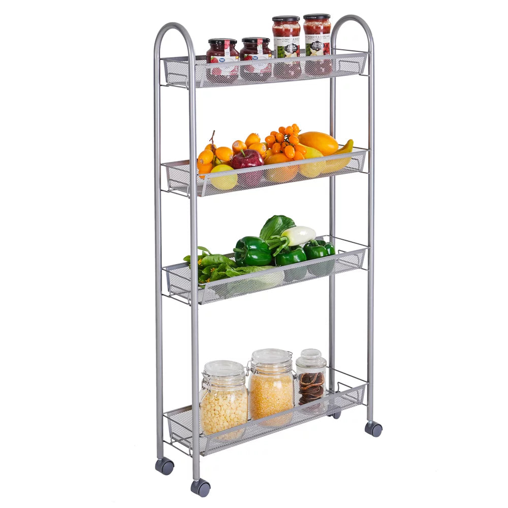 4 Tier Slim Storage Cart Mobile Shelving Unit Organizer Rolling Utility Cart Tower Rack Plastic Stainless Steel Silver X9225