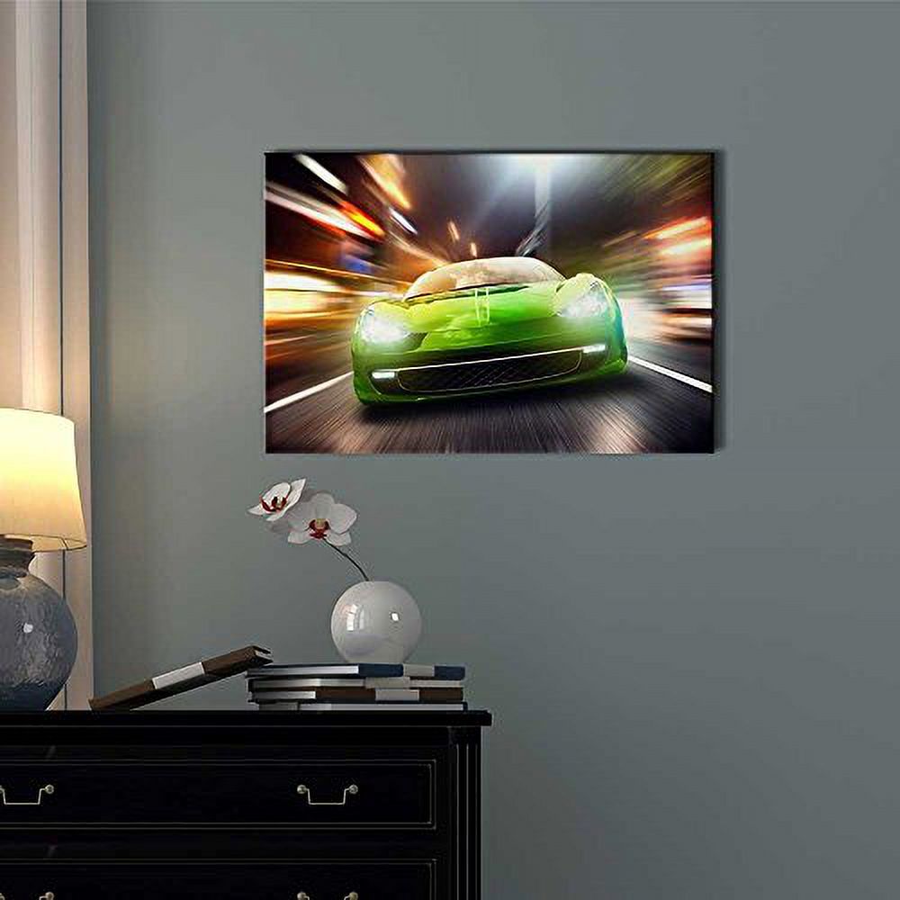 Canvas Prints Wall Art - Night Race/Green Racing Car, 12" x 18" D355978