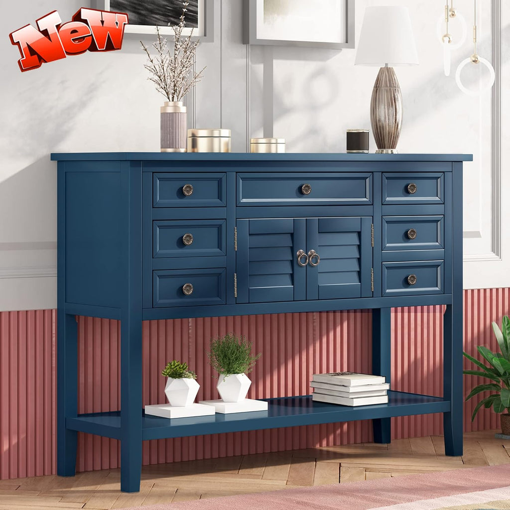 Solid Wood Buffet Sideboard with Door Cabinet, 7 Storage Drawers, Bottom Shelf, 45'' Red O5547