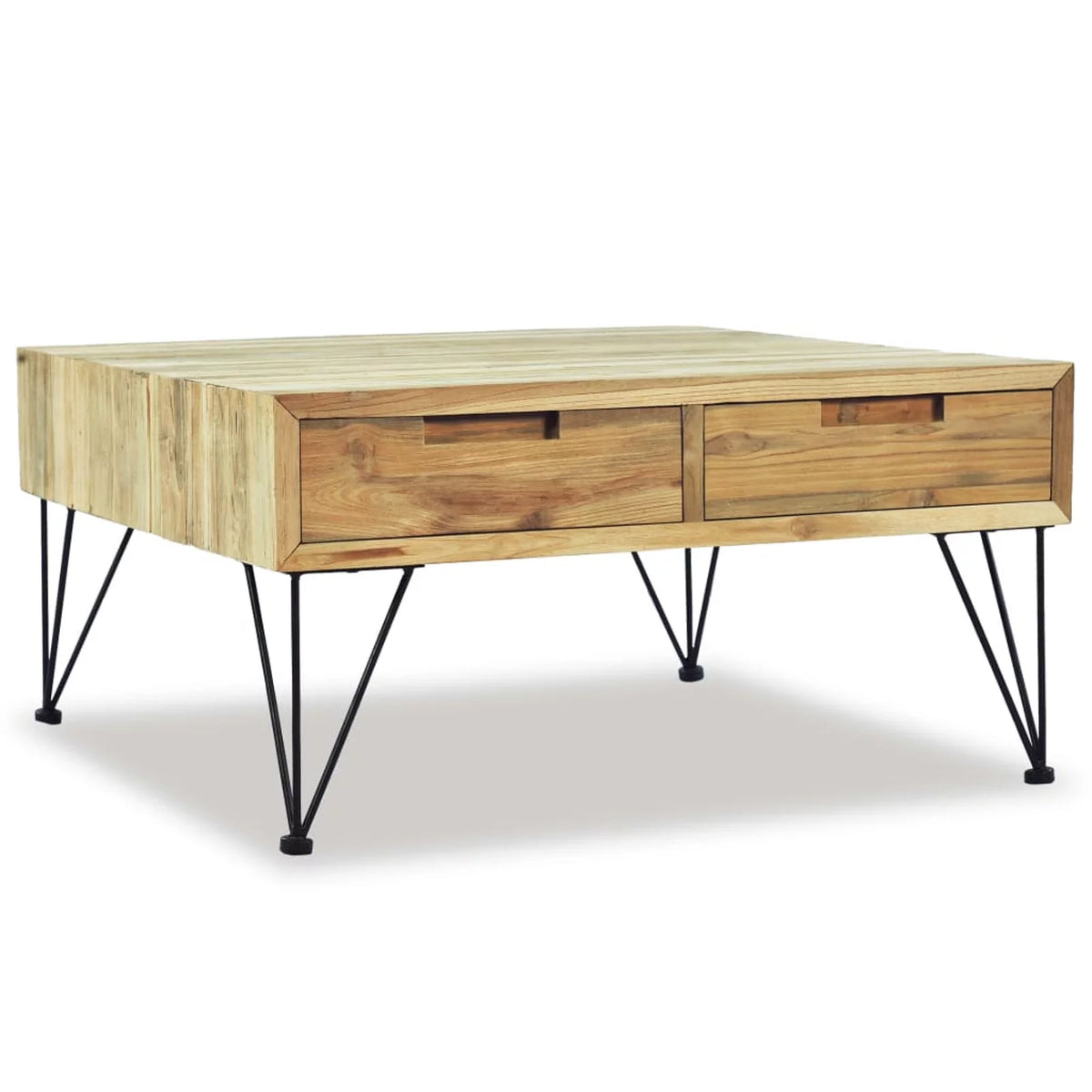 Coffee Table with 2 Storage Drawers Teak Wood Wrought Iron Legs U64634