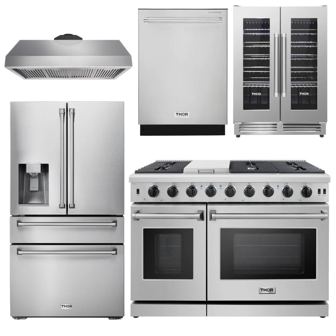 48 Propane Gas Range, Range Hood, Refrigerator with Water and Ice Dispenser, Dishwasher & Wine Cooler W1161