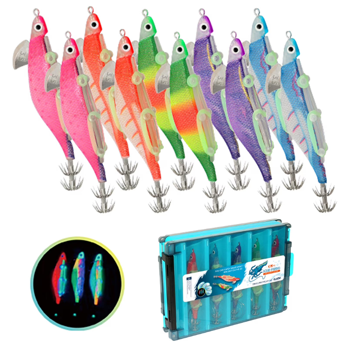 10pcs Fishing Luminous Shrimp Lure Hard Artificial Bait Wood with Squid Hooks Q84238