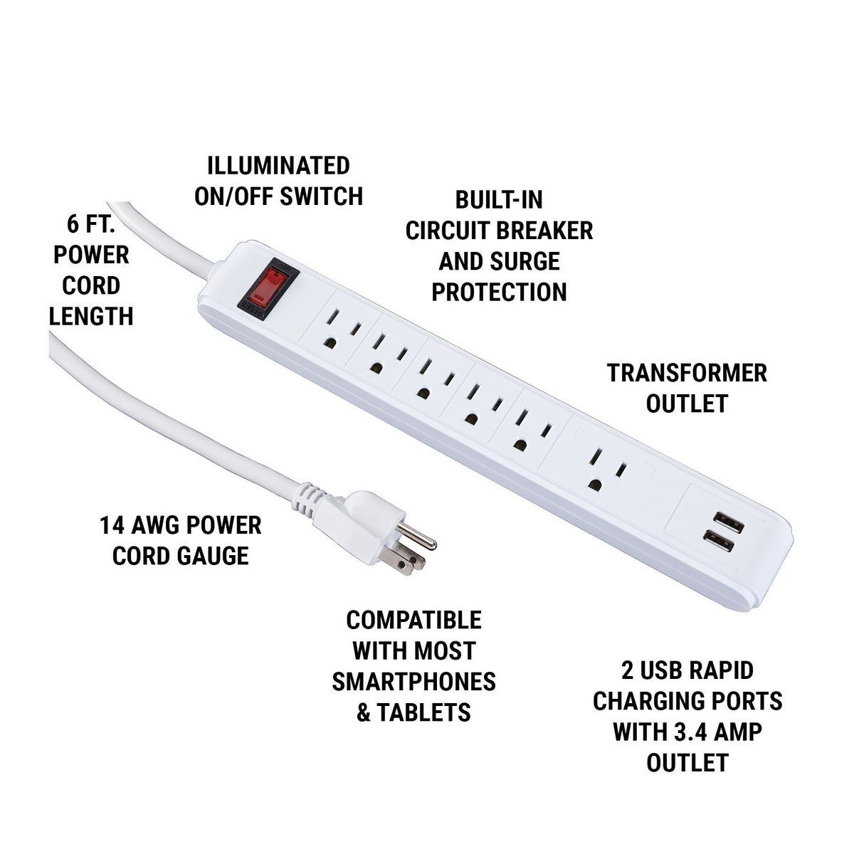 6-Outlet 2 USB Power Strip I932