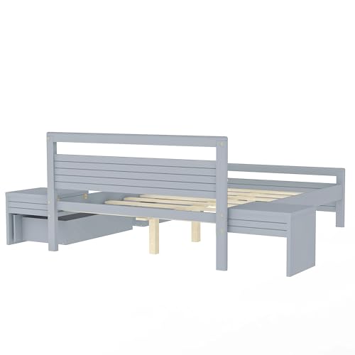 Queen Size Gray Wooden Platform Bed with 2 Storage Drawers and 2 Bedside Tables N9370