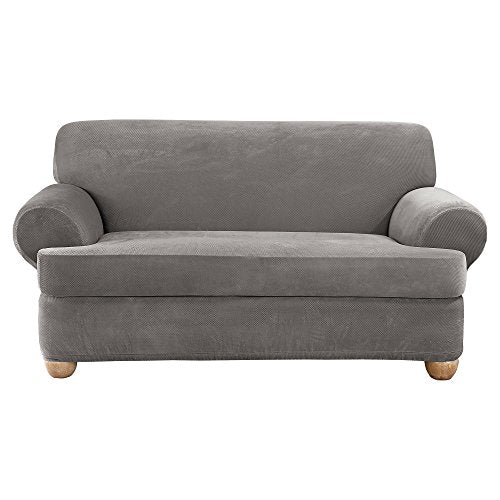 Flannel Gray Stretch Pique Separate Seat Loveseat Slipcover L4640