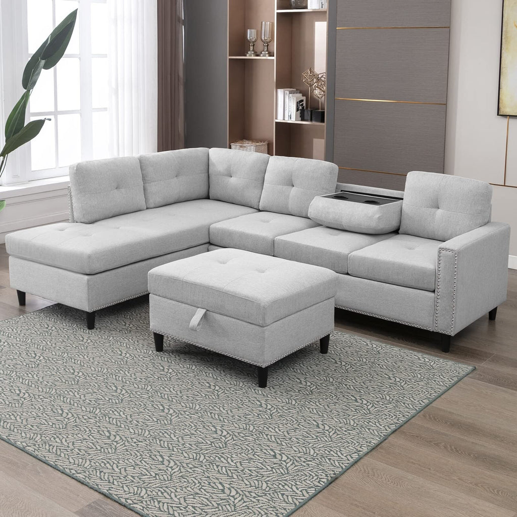 Light Grey L-Shaped Sectional Sofa with 2 Cup Holders and Storage Ottoman W843