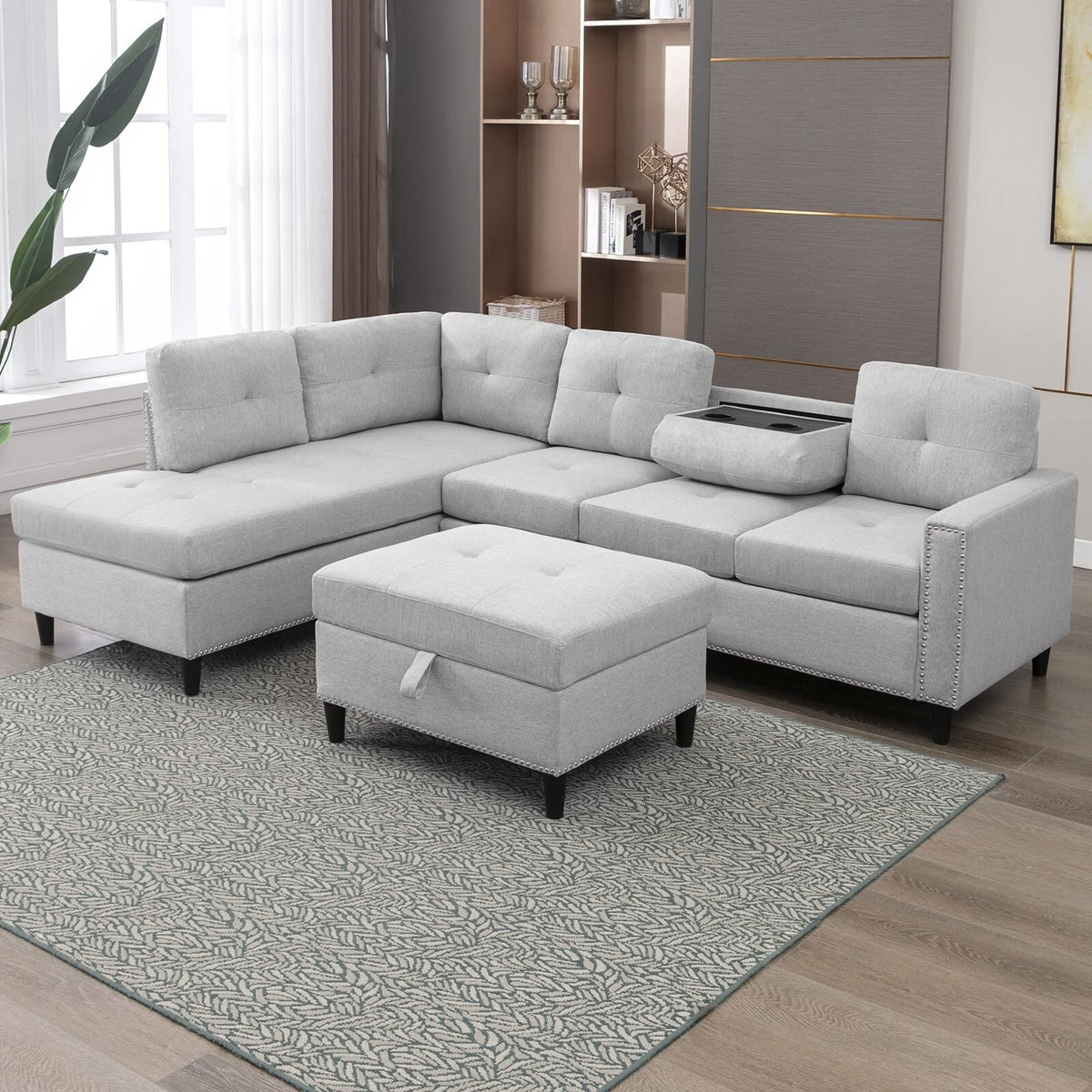 Light Grey L-Shaped Sectional Sofa with 2 Cup Holders and Storage Ottoman W843