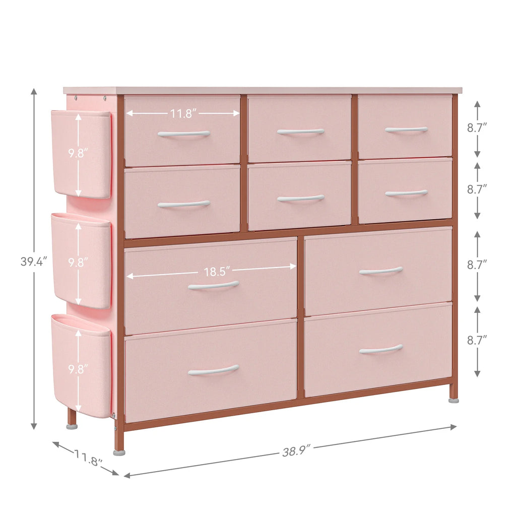 Pink 10 Drawer Fabric Dresser with Wood Tabletop R561