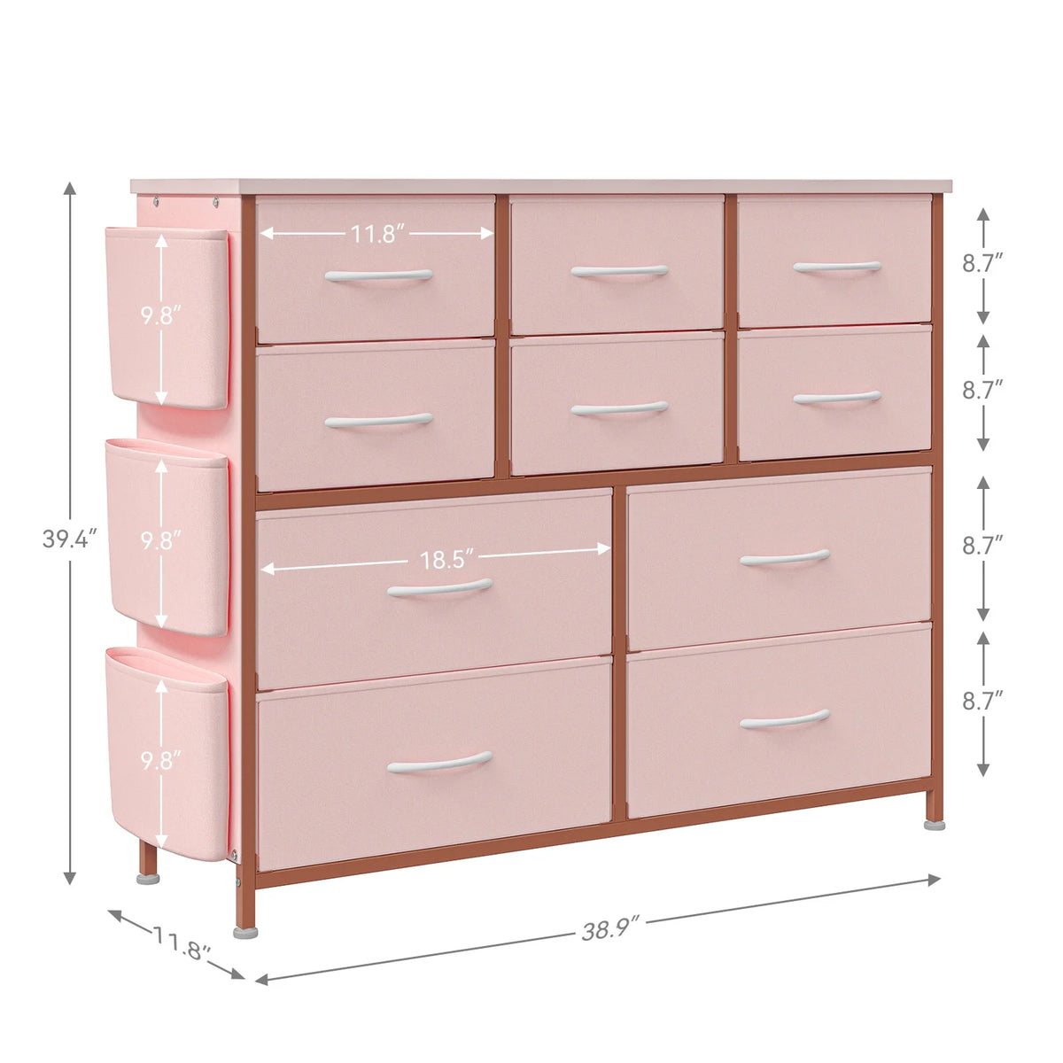 Pink 10 Drawer Fabric Dresser with Wood Tabletop R561