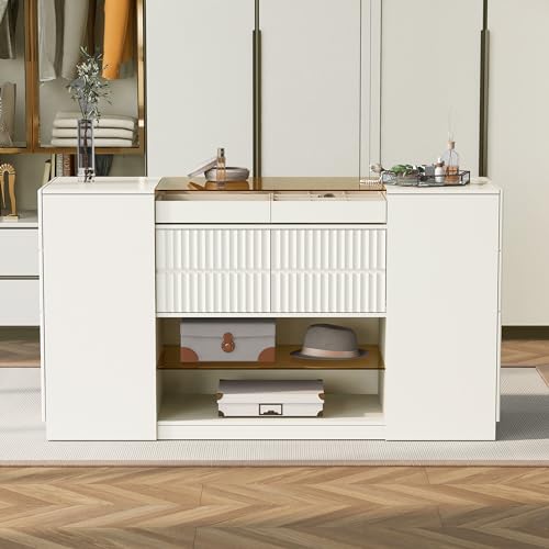 White Glass Top 6 Drawer Wooden Closet Storage Cabinet G422631