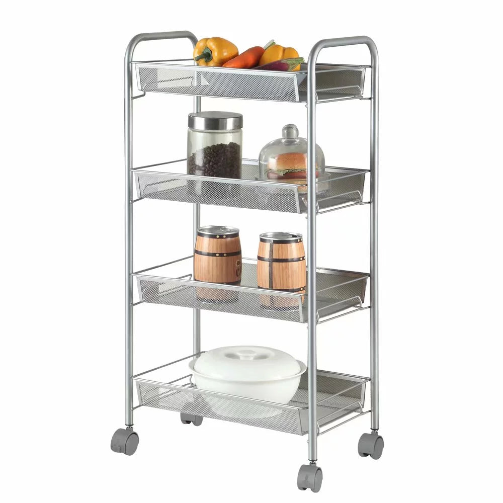 4 Tier Slim Storage Cart Mobile Shelving Unit Organizer Rolling Utility Cart Tower Rack Plastic Stainless Steel Silver X9225