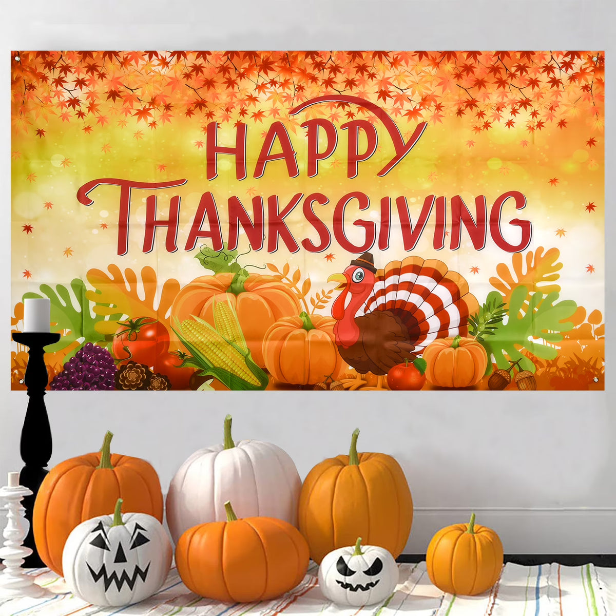 Thanksgiving Banner 72 x 46 Inch Turkey Pumpkin Maple Leaves Banner B1349