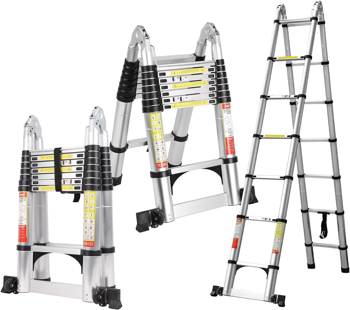 14.5FT A Frame Telescoping Ladder with Balance Bar & Wheels, 330lbs Capacity N34659