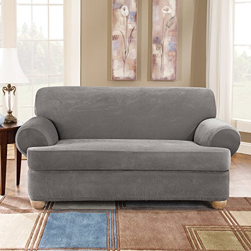 Flannel Gray Stretch Pique Separate Seat Loveseat Slipcover L4640