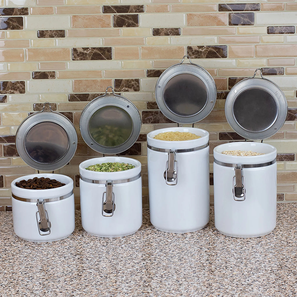 4 Piece Ceramic Canister Set with Stainless Steel Tops, White S49281