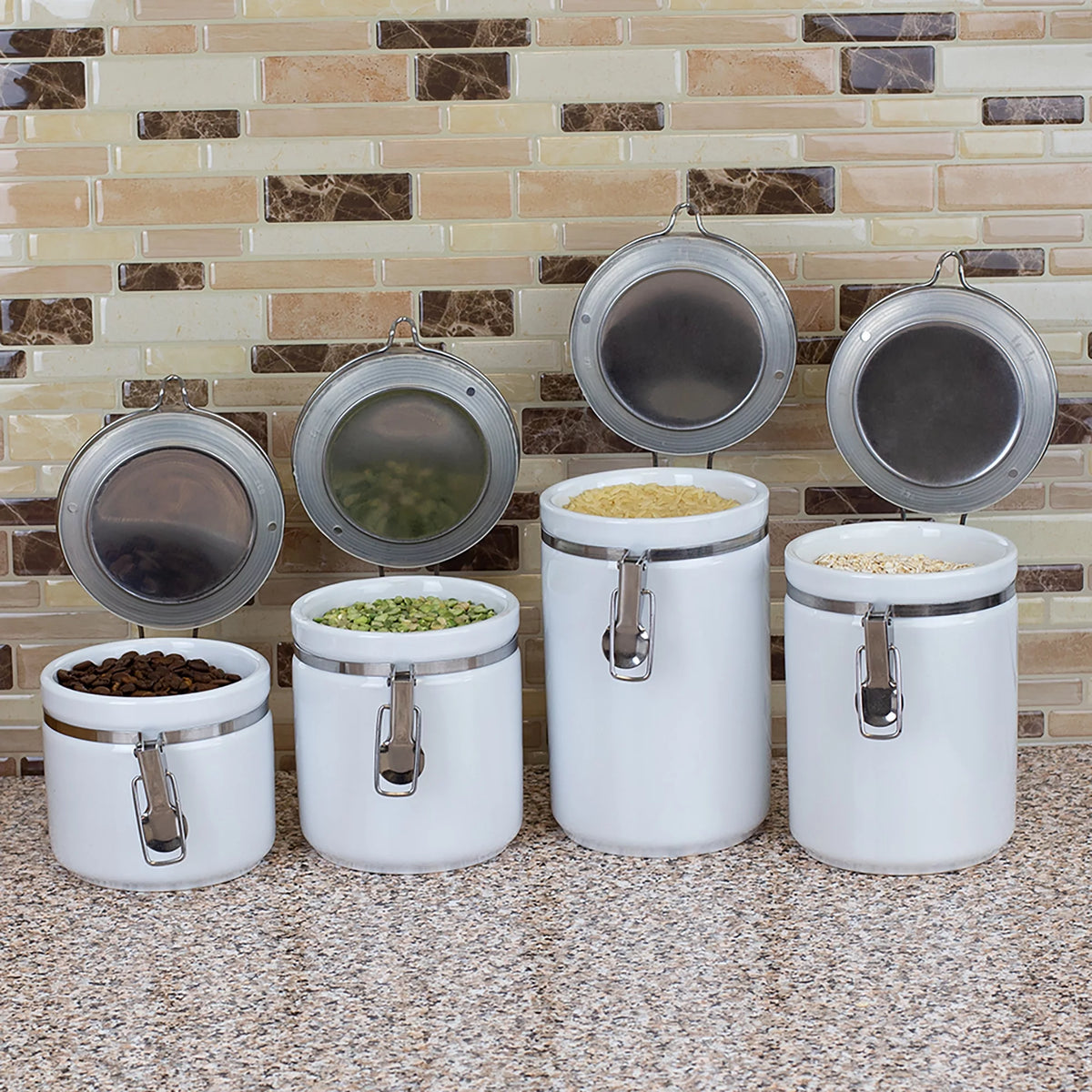 4 Piece Ceramic Canister Set with Stainless Steel Tops, White S49281