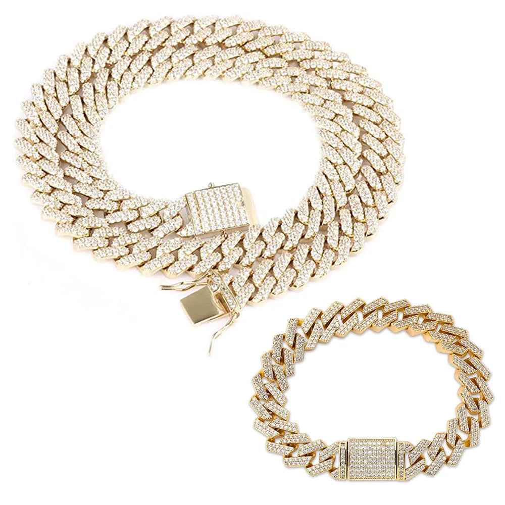 Iced Out Cuban Link Necklace and Bracelet Set, 15mm, Gold G2825