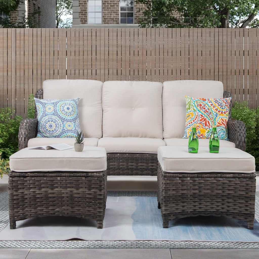 Beige Wicker 3-Piece Patio Sofa and Ottoman P94017