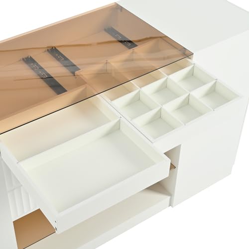 White Glass Top 6 Drawer Wooden Closet Storage Cabinet G422631