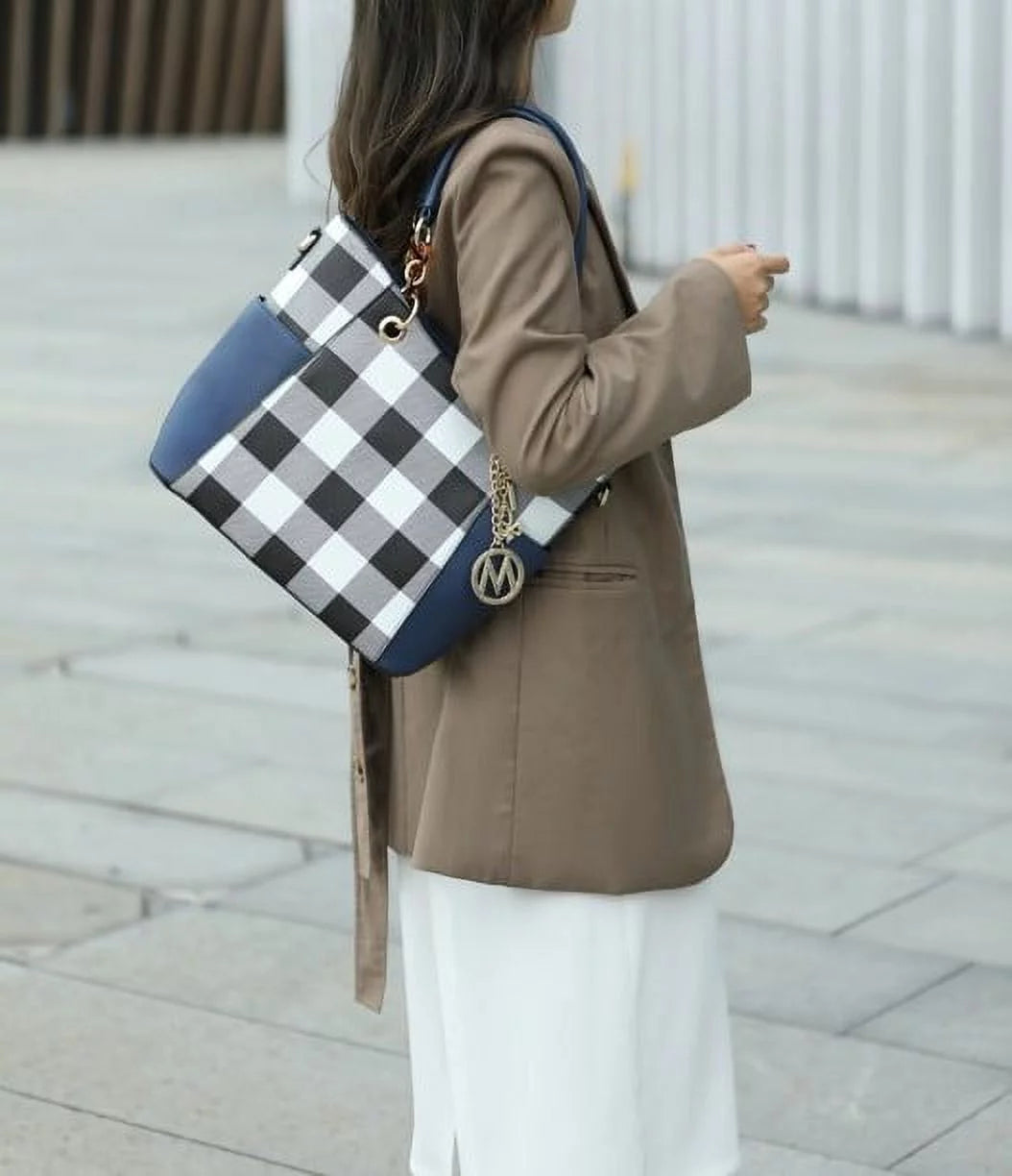 Black Checkered Shoulder Bag & Matching Wallet 2-Piece Set V625
