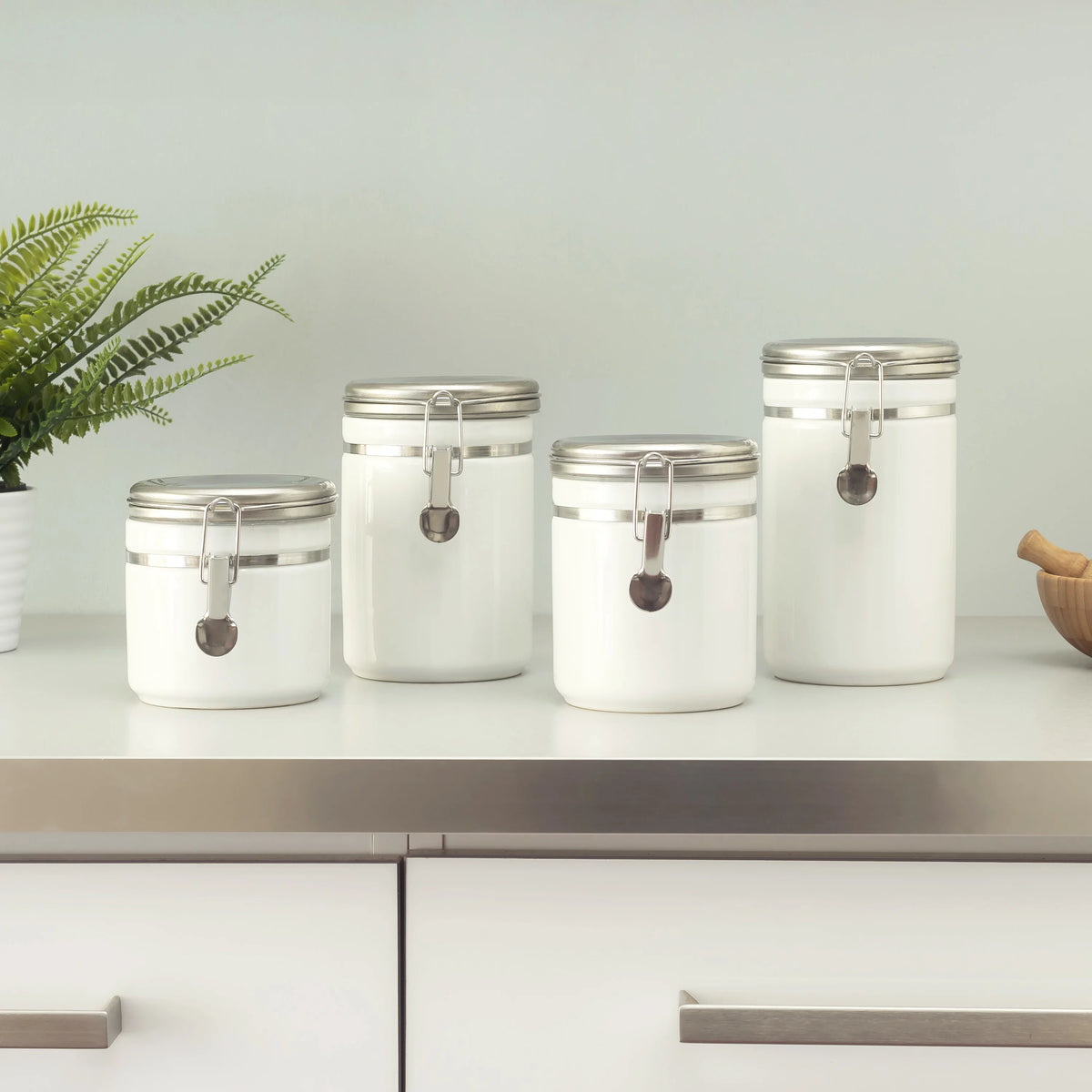 4 Piece Ceramic Canister Set with Stainless Steel Tops, White S49281