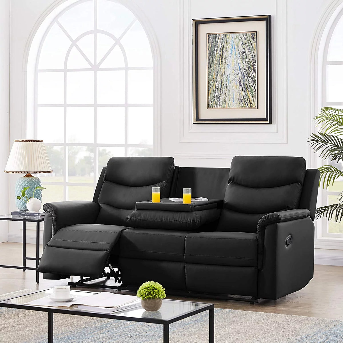 Black 3-Seater PU Recliner Sofa with 2 Cup Holders Q912