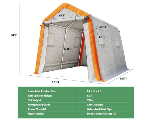 10.5x12x8 FT Heavy Duty Portable Shed Storage Shelter with 4 Waterproof Windows & Roll-up Zipper Door, Grey T980
