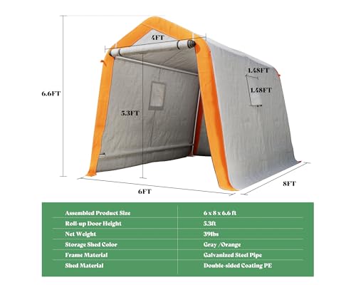 10.5x12x8 FT Heavy Duty Portable Shed Storage Shelter with 4 Waterproof Windows & Roll-up Zipper Door, Grey T980