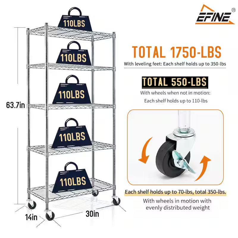 5-Tier Rolling Metal Wire Storage Shelving Unit G595406