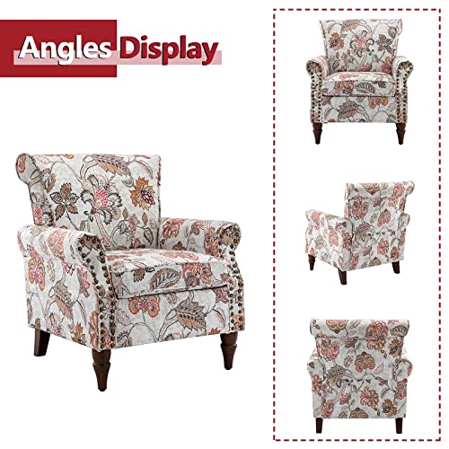 Blue Floral Pattern Upholstered Accent Chair with Wood Legs X930000