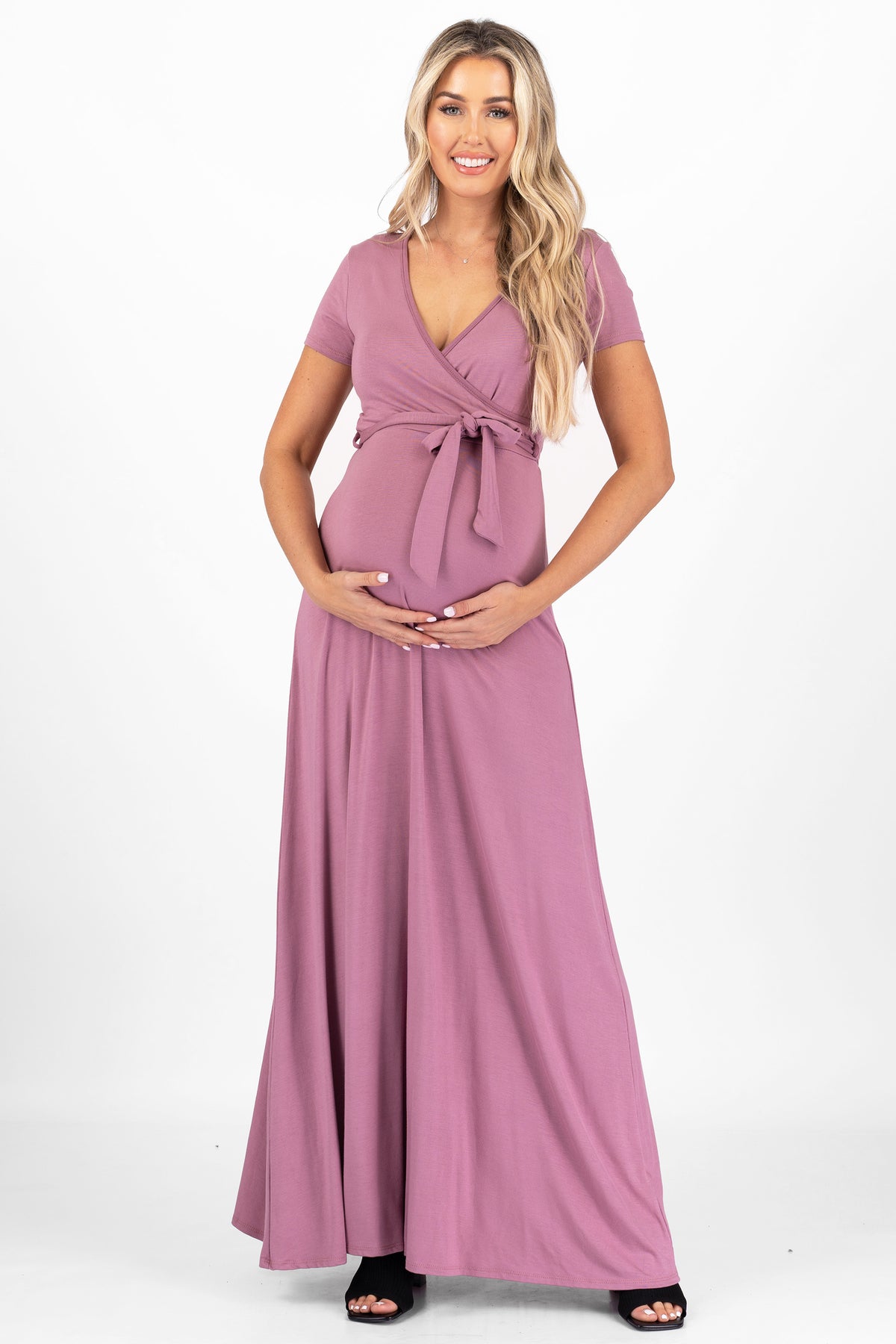 Maternity Nursing Short Sleeve Floral Dress with Tie Belt Z123