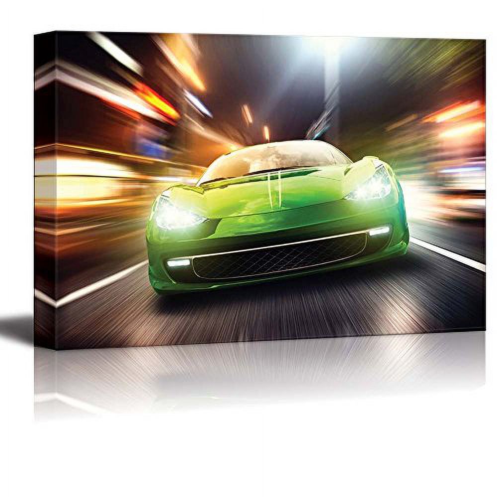 Canvas Prints Wall Art - Night Race/Green Racing Car, 12" x 18" D355978