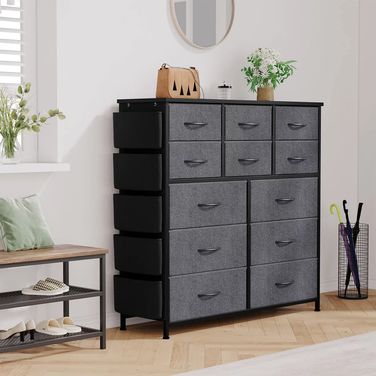 12 Drawer Fabric Dresser with Wood Tabletop Q18615