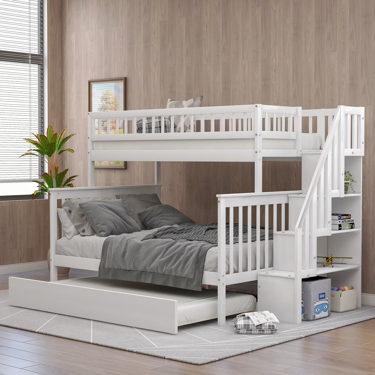 Twin Over Full Bunk Bed with Trundle and Stairs, White B7461
