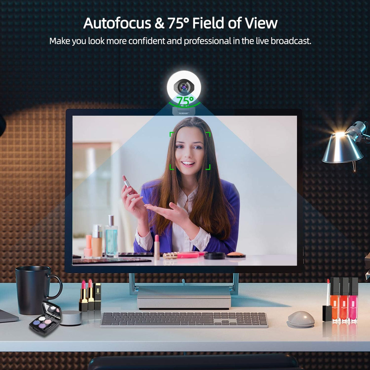 FHD 1080p 60fps Webcam with Ring Light, 75° FOV, Dual Microphones, External Tripod F78093