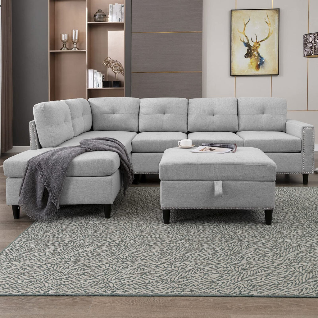 Light Grey L-Shaped Sectional Sofa with 2 Cup Holders and Storage Ottoman W843