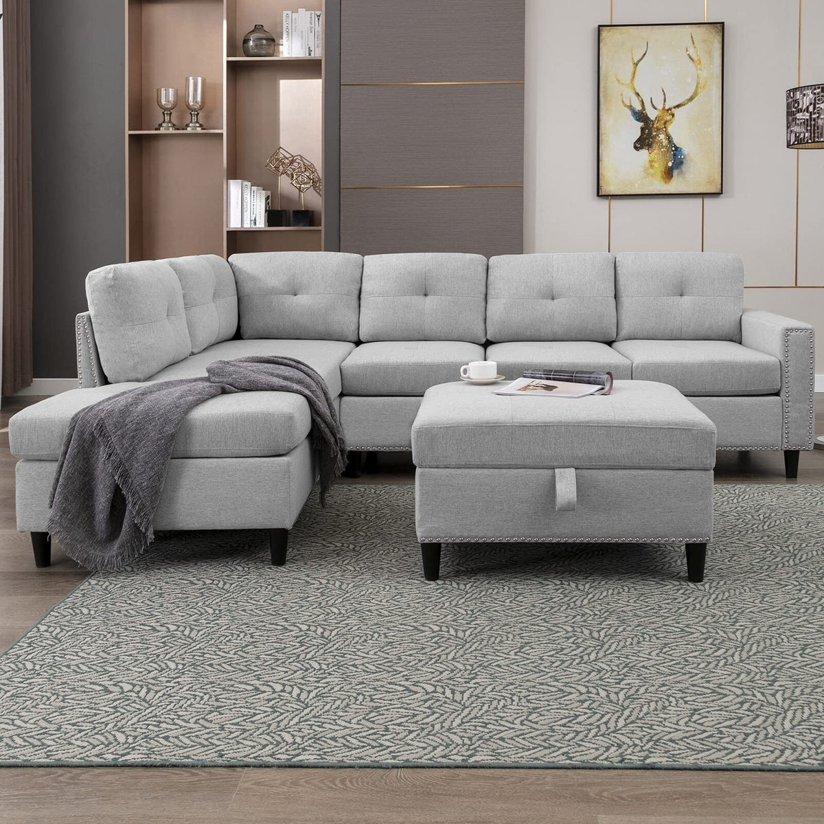 Light Grey L-Shaped Sectional Sofa with 2 Cup Holders and Storage Ottoman W843