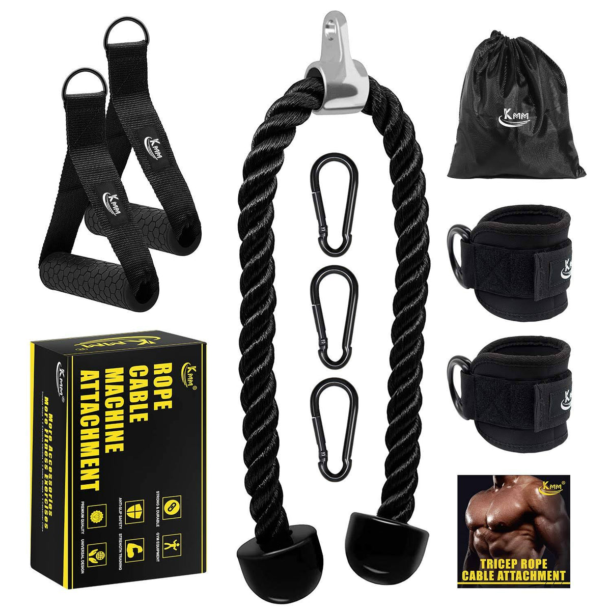 Tricep Rope Cable Machine Attachment with Carabiner Y352