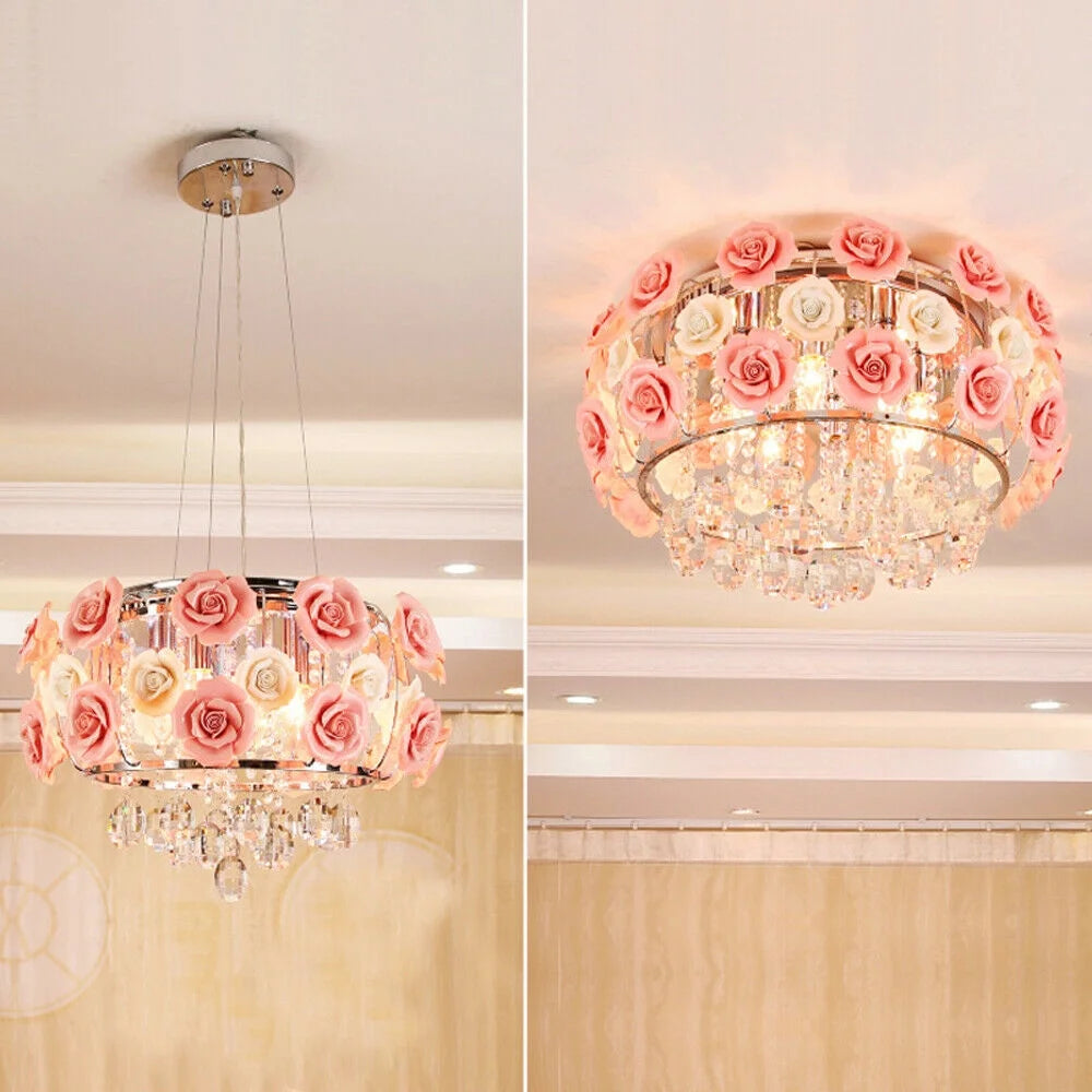 Pink Rose Flower Crystal Pendant Ceiling Lamp V20681