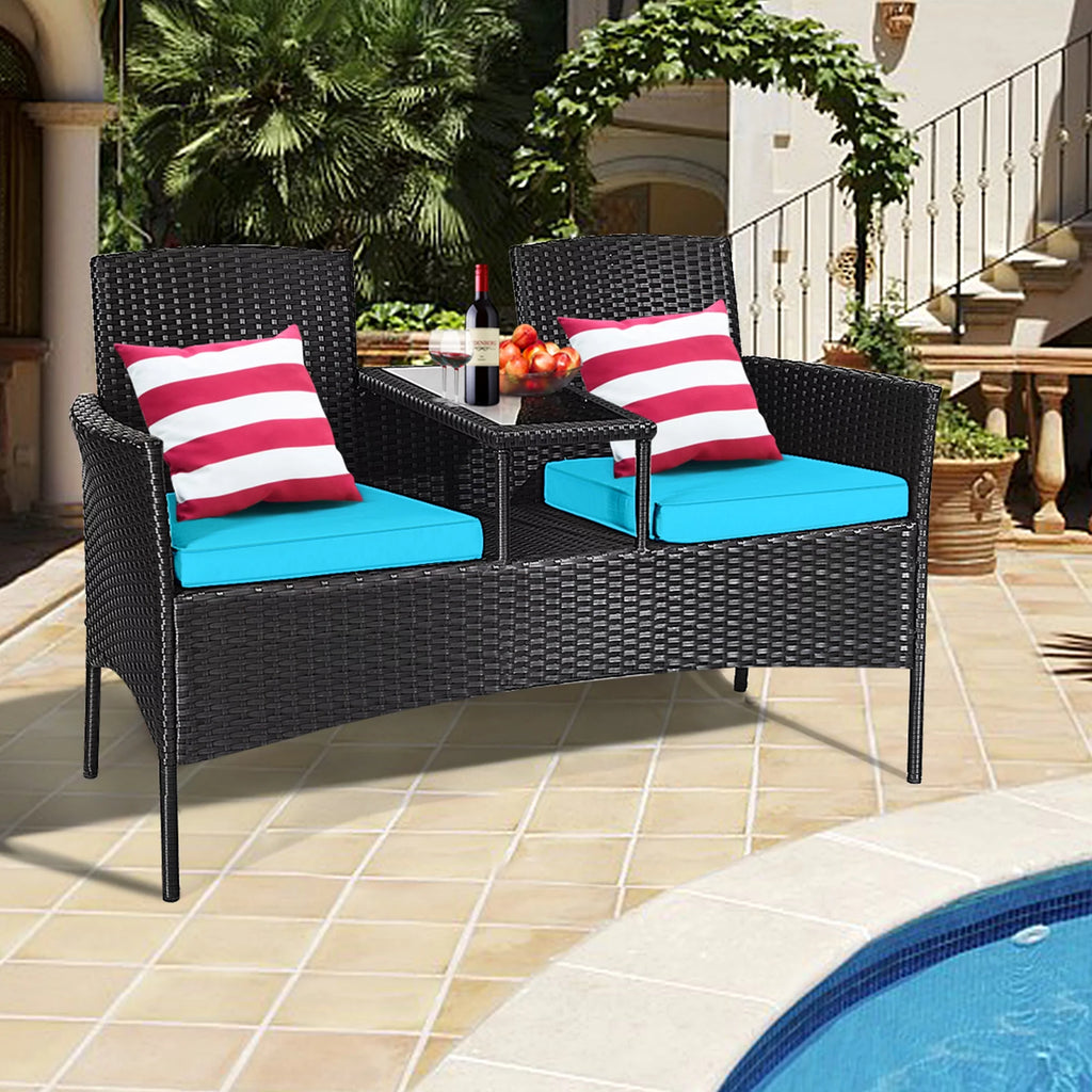Rattan Wicker Patio Conversation Set with Table Turquoise Cushion D310645