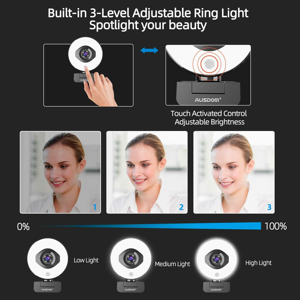 FHD 1080p 60fps Webcam with Ring Light, 75° FOV, Dual Microphones, External Tripod F78093
