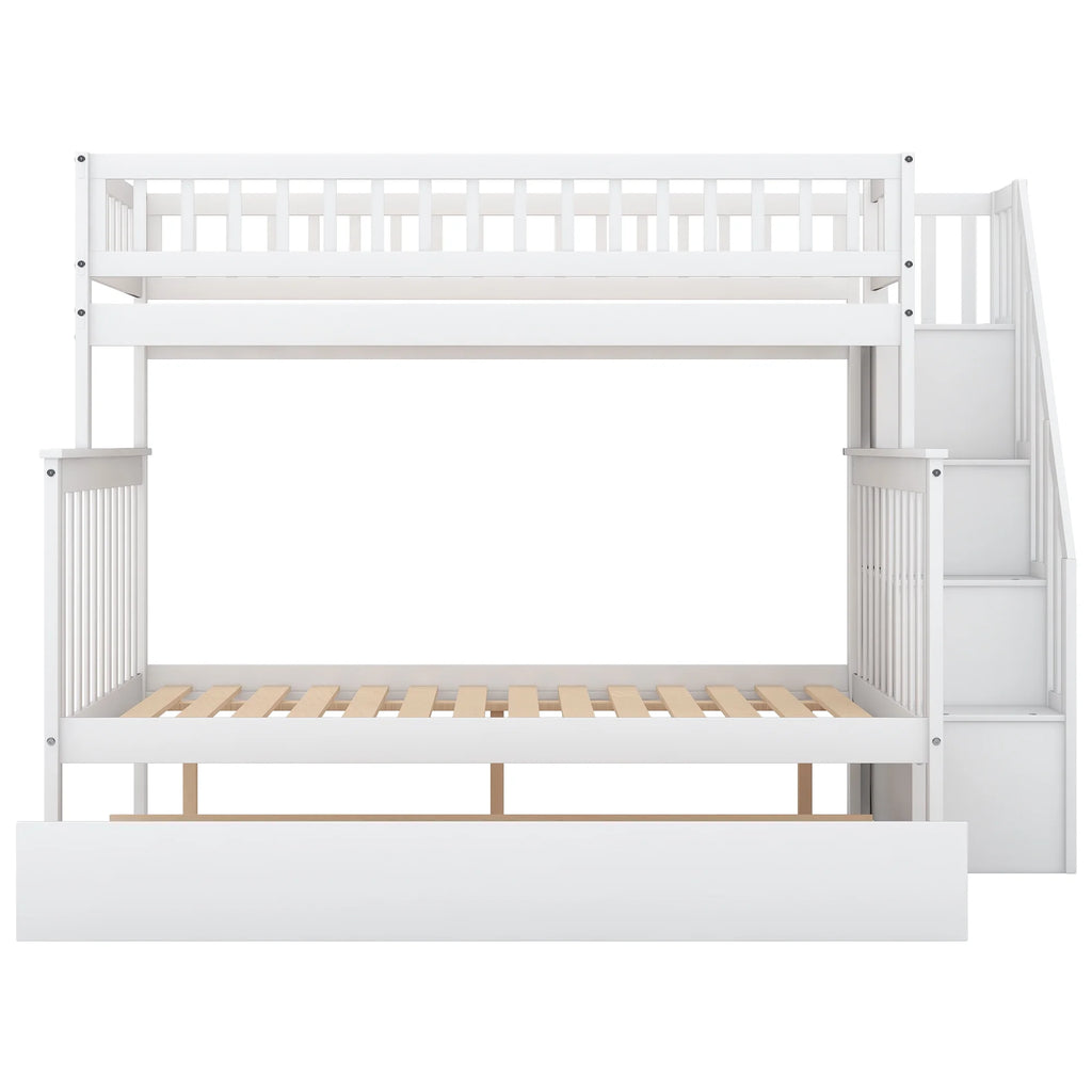 Twin Over Full Bunk Bed with Trundle and Stairs, White B7461