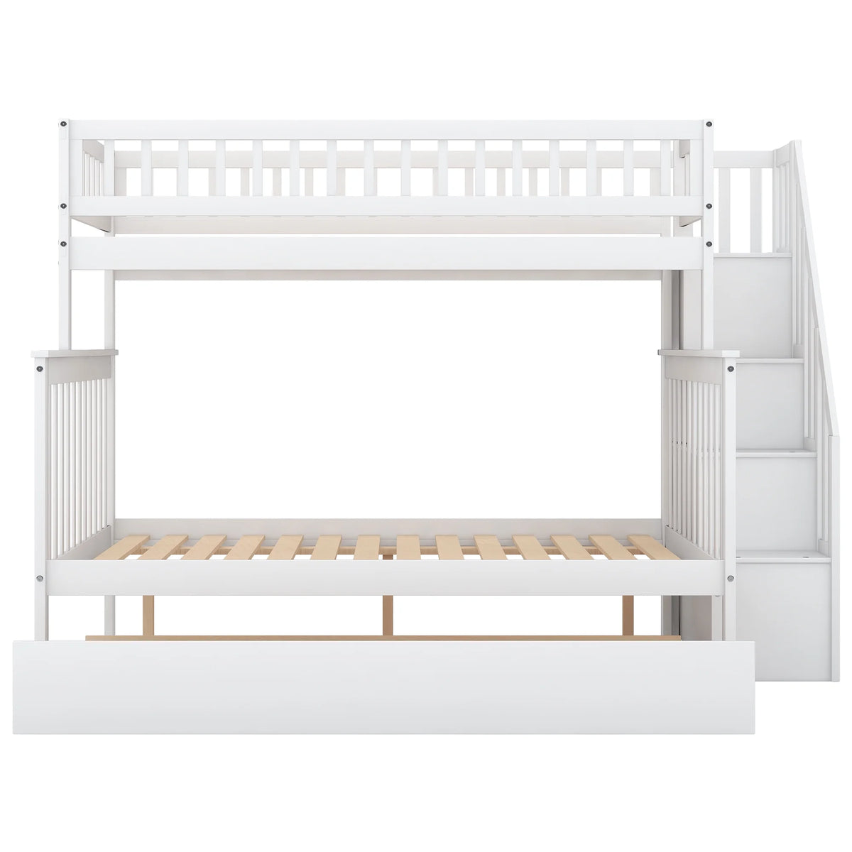 Twin Over Full Bunk Bed with Trundle and Stairs, White B7461