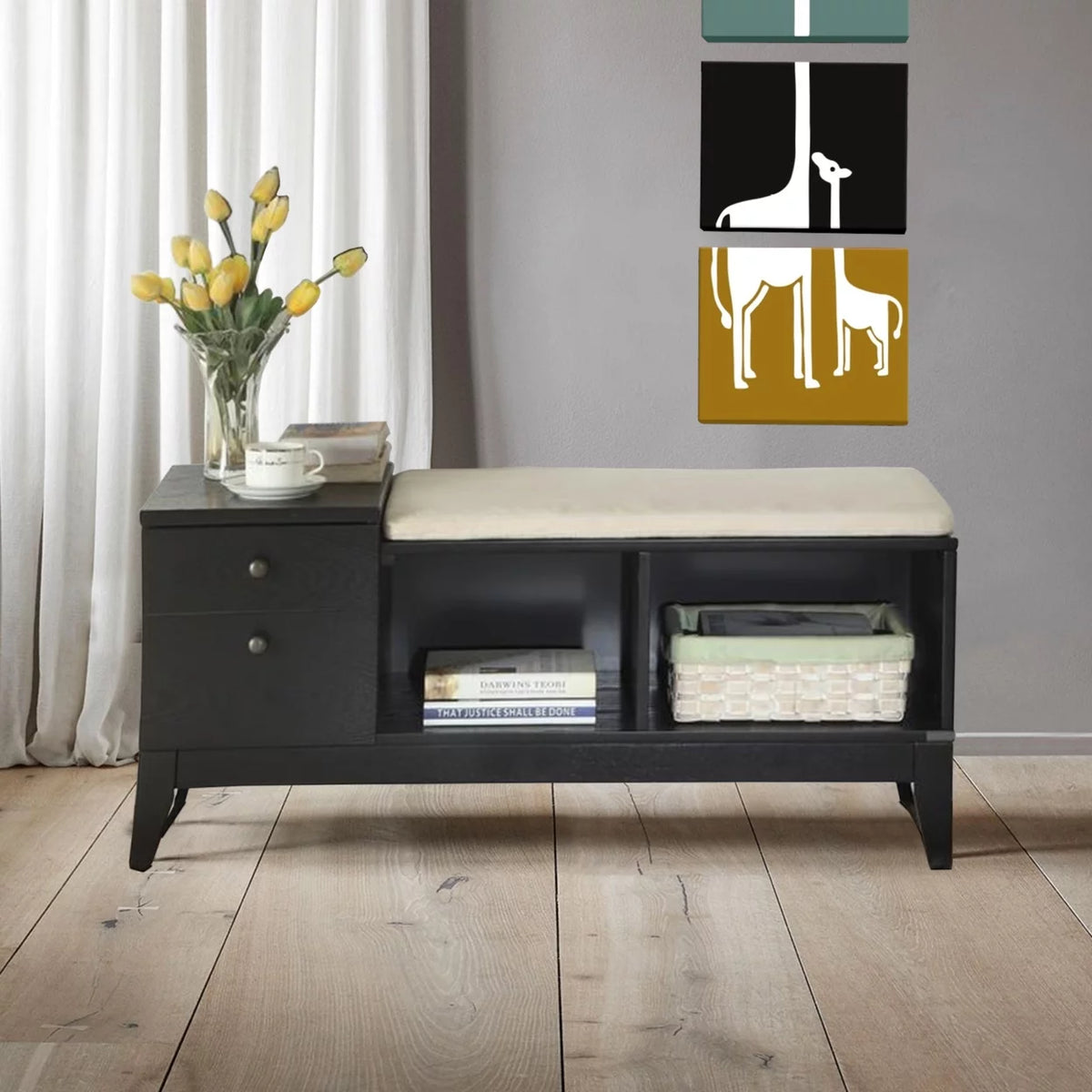 Black Wooden Storage Bench with Upholstered Seat Cushion C97369