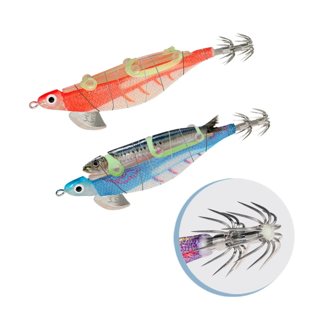 10pcs Fishing Luminous Shrimp Lure Hard Artificial Bait Wood with Squid Hooks Q84238