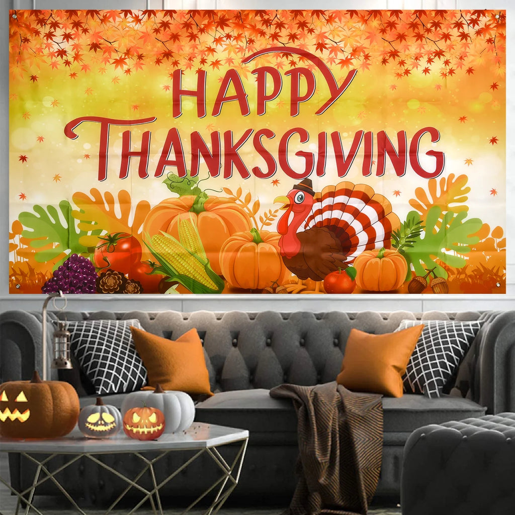 Thanksgiving Banner 72 x 46 Inch Turkey Pumpkin Maple Leaves Banner B1349