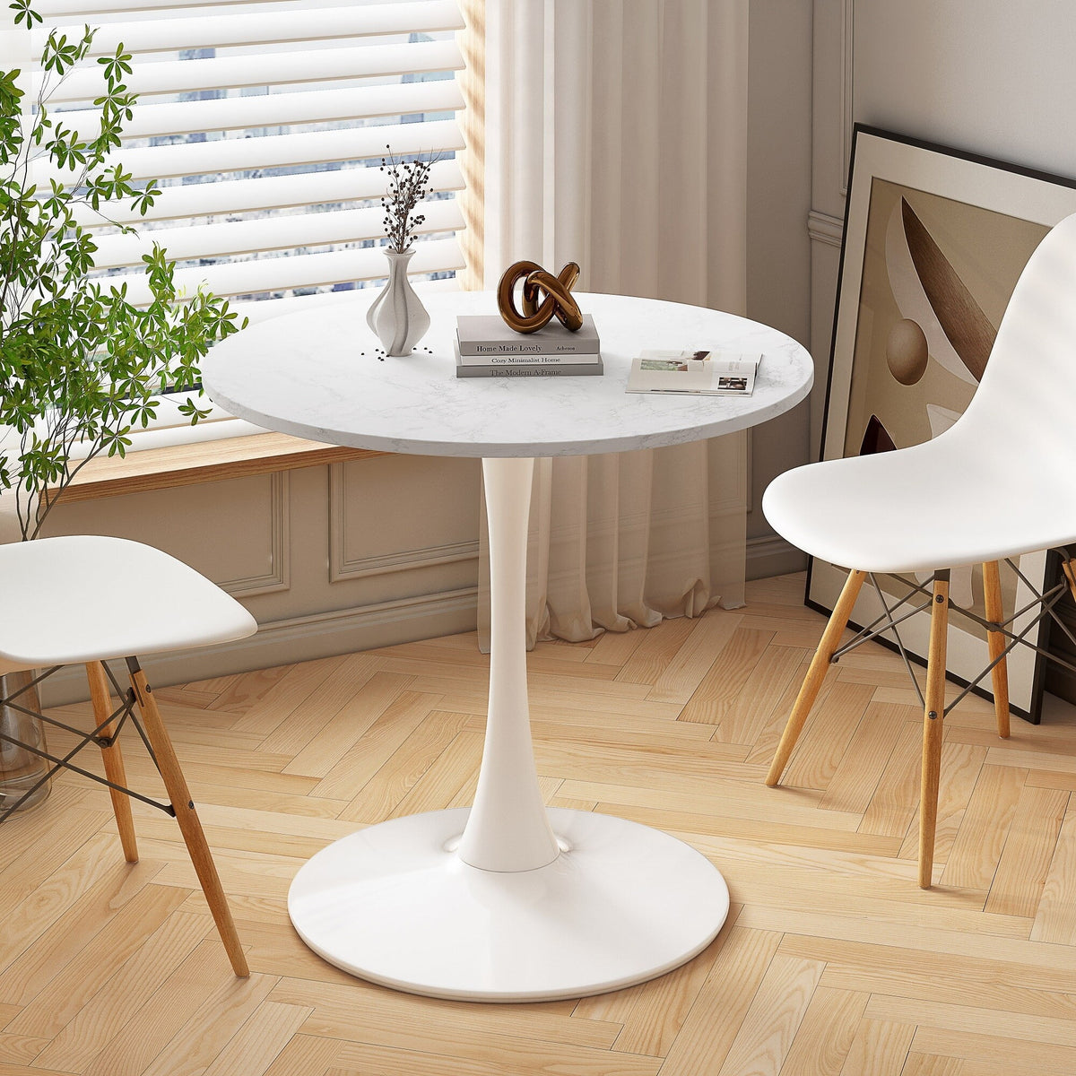 32" Round Marble White Dining Table with Metal Base R524