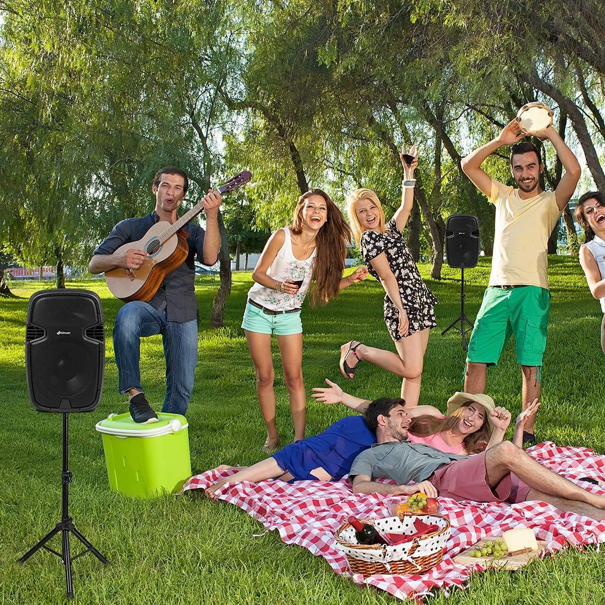 12 1600W Portable Dual Passive Active Speaker with 2 Speaker Stands H43886