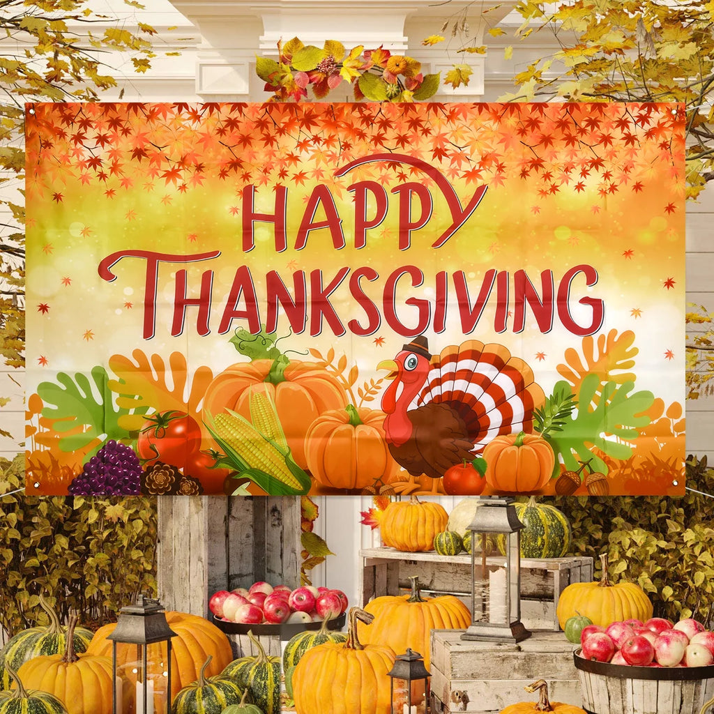 Thanksgiving Banner 72 x 46 Inch Turkey Pumpkin Maple Leaves Banner B1349
