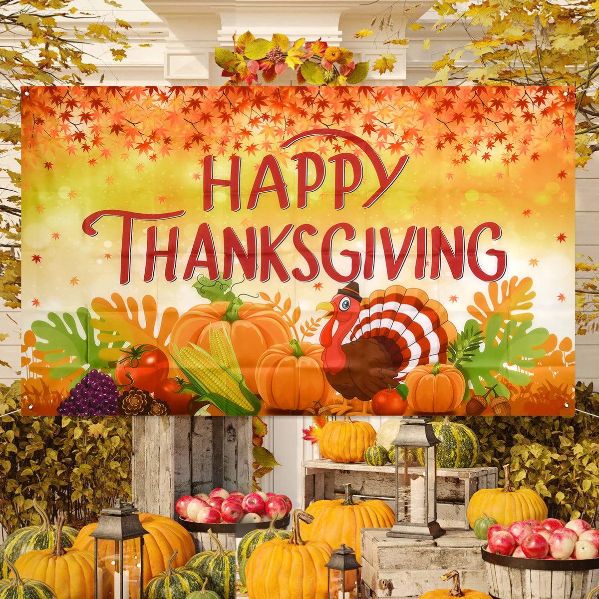 Thanksgiving Banner 72 x 46 Inch Turkey Pumpkin Maple Leaves Banner B1349